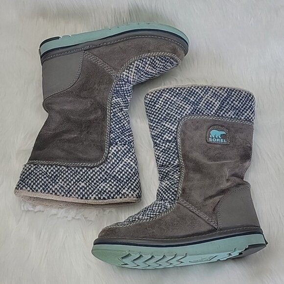 SOREL Blue White Knit Gray Suede Girl's Pull On Mid Calf Winter Boho Boots 2 - Picture 2 of 13